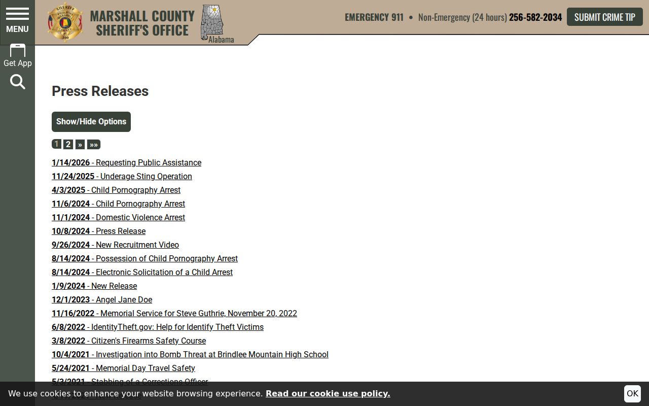 Marshall County inmate records Sheriff press release archive