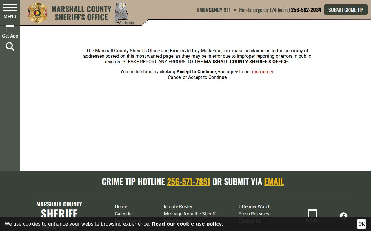 Marshall County warrant search Most Wanted disclaimer